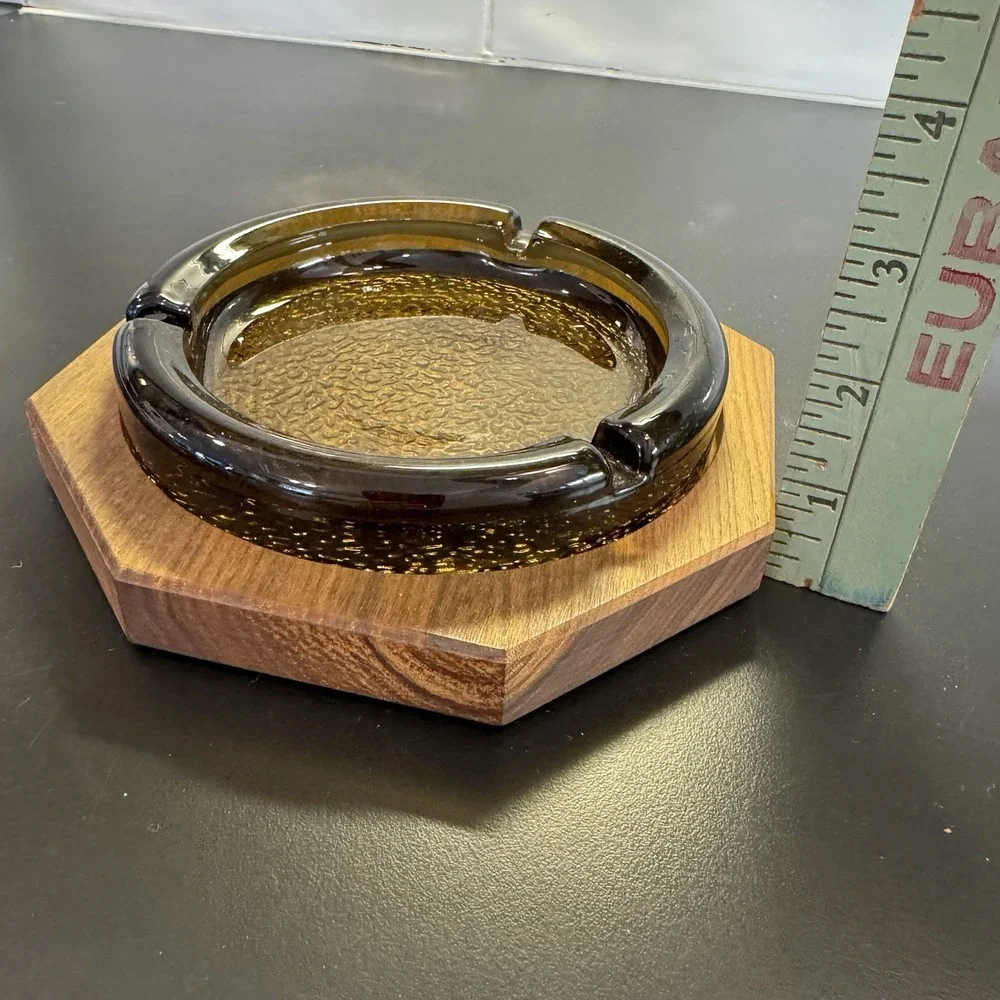 Vintage Amber Glass Ashtray Octagon Wood Base  Cigar /‎ Cigarette